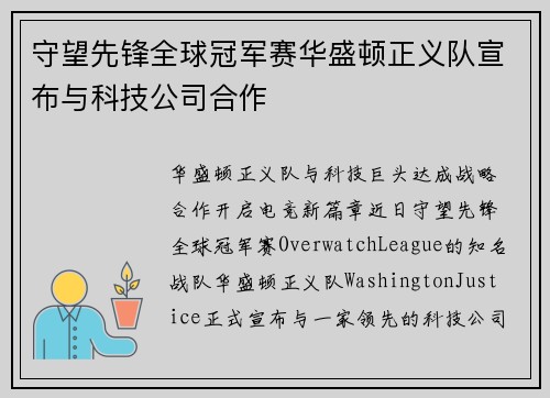 守望先锋全球冠军赛华盛顿正义队宣布与科技公司合作