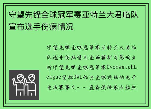 守望先锋全球冠军赛亚特兰大君临队宣布选手伤病情况