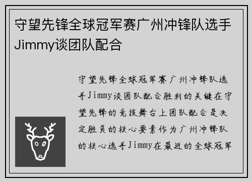 守望先锋全球冠军赛广州冲锋队选手Jimmy谈团队配合