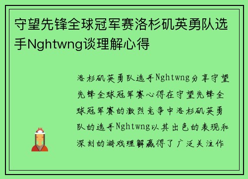 守望先锋全球冠军赛洛杉矶英勇队选手Nghtwng谈理解心得